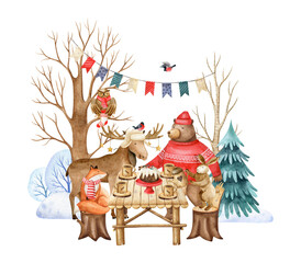 Fairy forest animals celebrate Christmas in a woodland. Watercolor hand drawn illustration with stylized rabbit, fox, bear, elk, birds and owl at the table. Scene for greeting cards and invitations.