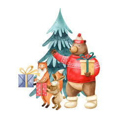 Watercolor hand drawn illustration with stylized woodland animals: brown bear, hare and fox. Cute forest animals with Christmas gift boxes. Holiday scene for Christmas greeting cards and invitations.