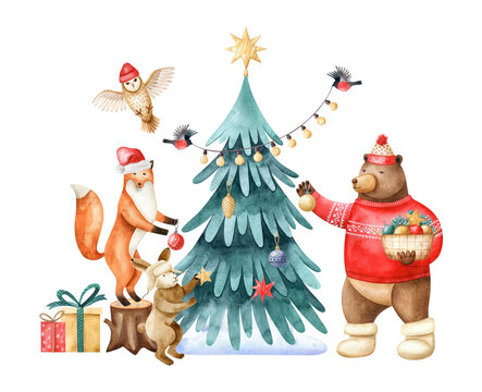 Forest animals decorate the Christmas tree. Watercolor hand drawn illustration with stylized rabbit, fox, brown bear, birds and owl with Christmas accessories. Scene for greeting cards and invitations