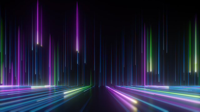 3d render, abstract background with colorful neon lines going down, star rain, virtual reality wallpaper, empty stage with laser rays