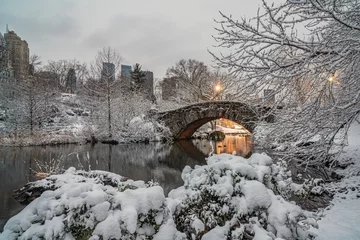 Fotobehang Gapstow Brug Gapstow Bridge in Central Park na sneeuwstorm