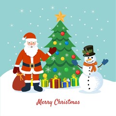 Christmas greeting card Santa Claus and Snowman cartoon vector illustration