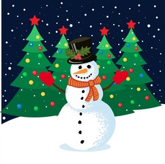 Christmas greeting card Snowman and Christmas tree cartoon vector illustration
