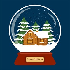 Snow globe hand drawn cartoon vector illustration. Winter landscape with cottage and fir trees