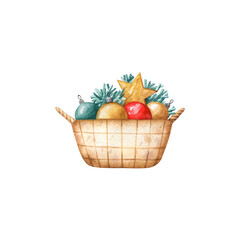 Basket with Christmas tree decorations: balls, tinsel and star. Watercolor illustration. Hand drawn holiday clipart isolated on white background. Perfect for greeting cards and invitations.