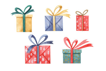 Christmas gift packs watercolor set. Collection of Christmas boxes isolated on white background. Hand drawn clipart for greeting cards and invitations.