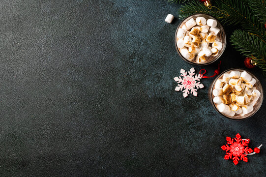 Christmas background with homemade hot chocolate, top view. Winter cocoa. New year drink. Flatlay with cocoa. Christmas composition with cocoa. Cosy drink.