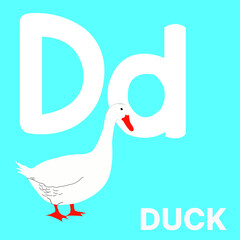 Alphabet D, D for duck. Vector illustration of educational alphabet card cartoon character for kids.