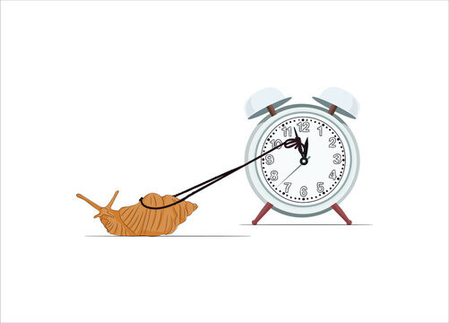 Stop Time concept. Stoping the time in vector illustration. Trying to stop a time. Clock stop by snail. snail pulling rope for stop clock. work Deadline concept. holding time on the clock by rope.