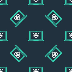 Line Laptop computer with 18 plus content heart icon isolated seamless pattern on black background. Age restriction symbol. 18 plus content sign. Adult channel. Vector