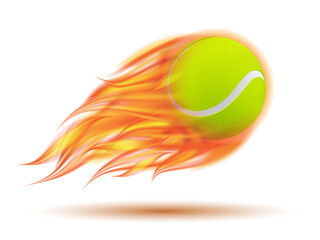 Flaming Tennis Ball. Tennis Ball flying in fire on white background.