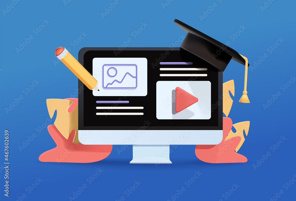 Poster online education on website. application learning. computer with open pages. 3d vector illustrations