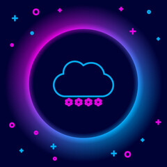 Glowing neon line Cloud with snow icon isolated on black background. Cloud with snowflakes. Single weather icon. Snowing sign. Colorful outline concept. Vector