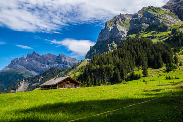 Beautiful rural scene of wooden village houses in Verbier, Switzerland