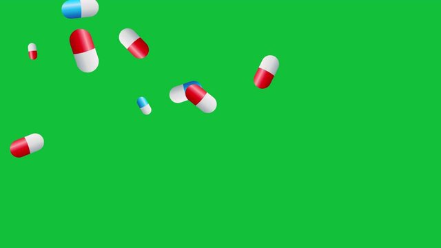 Pills and capsules rain down on a green screen (chroma key) background. A mix of red and blue medical tablets falling. Drugs and antibiotics for pharmacy, ADHD, depression, or mental illness.