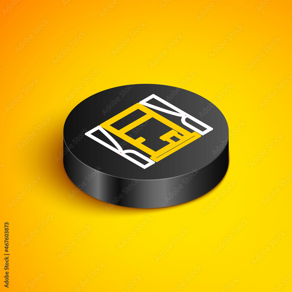 Poster isometric line window with curtains in the room icon isolated on yellow background. black circle but