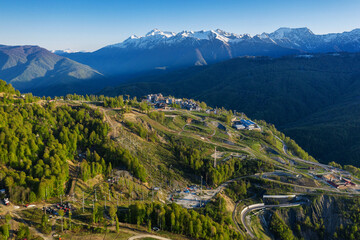 North Caucasus. Olympic village on North Caucasus. Ski resort Rosa Khutor.. Aerial view.
