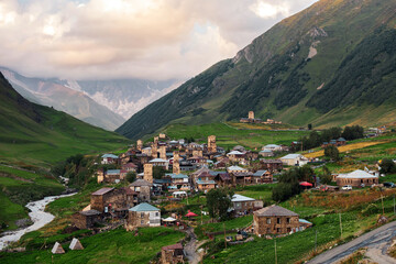 Fototapeta na wymiar Viev of the village of Ushguli, in Georgia Caucasus mountains, upper Svaneti, the highest inhabited village in Europe and an UNESCO World Heritage Site.