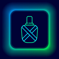 Obraz premium Glowing neon line Canteen water bottle icon isolated on black background. Tourist flask icon. Jar of water use in the campaign. Colorful outline concept. Vector