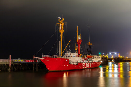 CUXHAVEN, GERMANY - OCTOBER 27, 2021: former ELBE 1 lightvessel Burgermeister O'Swald in the port of Cuxhaven at night