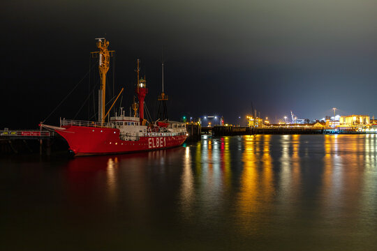CUXHAVEN, GERMANY - OCTOBER 27, 2021: former ELBE 1 lightvessel Burgermeister O'Swald in the port of Cuxhaven at night