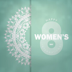 International womens day greeting card template in mint color with luxury white pattern