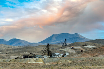 Mining Equipment, infrastructure, buildings and Tailings in the Nevada desert near Goldfield just...