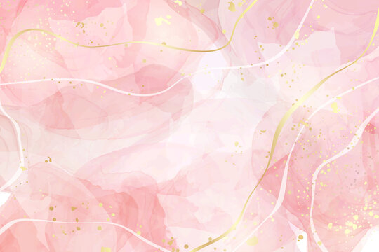 Pastel rose pink liquid watercolor background with golden cracks. Blush marble alcohol ink drawing effect. Vector illustration design template for wedding invitation, menu, rsvp
