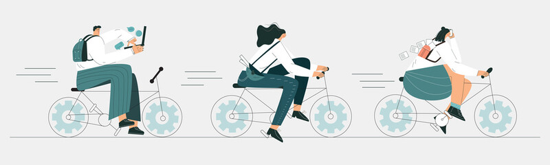 Fototapeta na wymiar Business people team cycling to work by bike. Urban character riding on bicycle. Employee commuting by ebike to job. Eco healthy city transport concept. Flat vector cartoon illustration banner