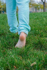The child walks barefoot on the lush grass. Childrens walks barefoot on fresh green grass on a sunny summer evening. 