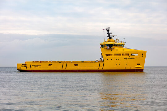 CUXHAVEN, GERMANY - OCTOBER 26, 2021: platform supply vessel WORLD DIAMOND on the river Elbe