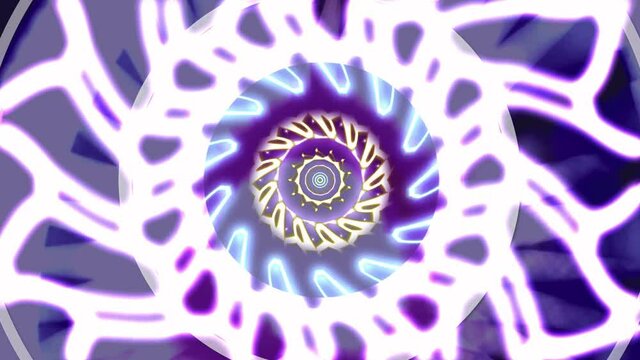 Futuristic trippy kaleidoscope background pattern. Psychedelic geometric patterns in bright neon lights. Abstract sci-fi, space, electronic, techno, anime, or drug trip background effect.