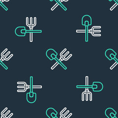 Line Shovel and rake icon isolated seamless pattern on black background. Tool for horticulture, agriculture, gardening, farming. Ground cultivator. Vector