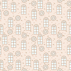 Pattern with wooden window frames. The windows are round, arched, with glass on a light background. Cartoon pattern exterior walls of the house with windows for textiles. Vector illustration