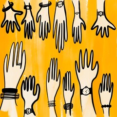 Hands. Simple sketch about Support, friendship, connection, difference, relationships, joy, happiness, love.