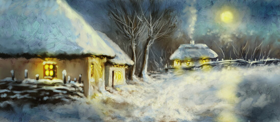 Winter landscape. Oil paintigs rural landscape. Old village, old house in the snow. Fine art