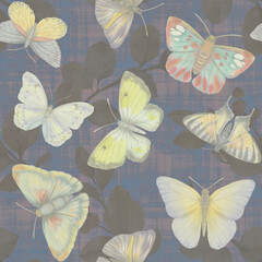 Seamless botanical pattern with butterflies and leaves on an abstract background. butterflies painted in watercolor, digitally processed. Abstract ornament for design, wallpaper, packaging, print