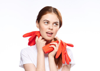 pretty woman rubber gloves house cleaning light background