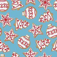 Vector seamless pattern. Red, white cartoon Christmas cookies isolated on blue background.