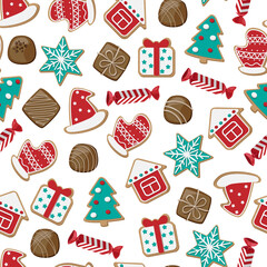 Cartoon Christmas cookies and chocolate candies isolated on white background. Seamless pattern. Vector colorful illustration.