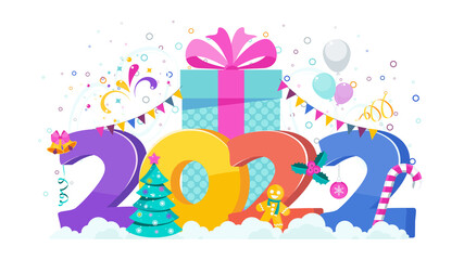 2022 greeting card. Huge gift box, Christmas Tree, garland hangs.