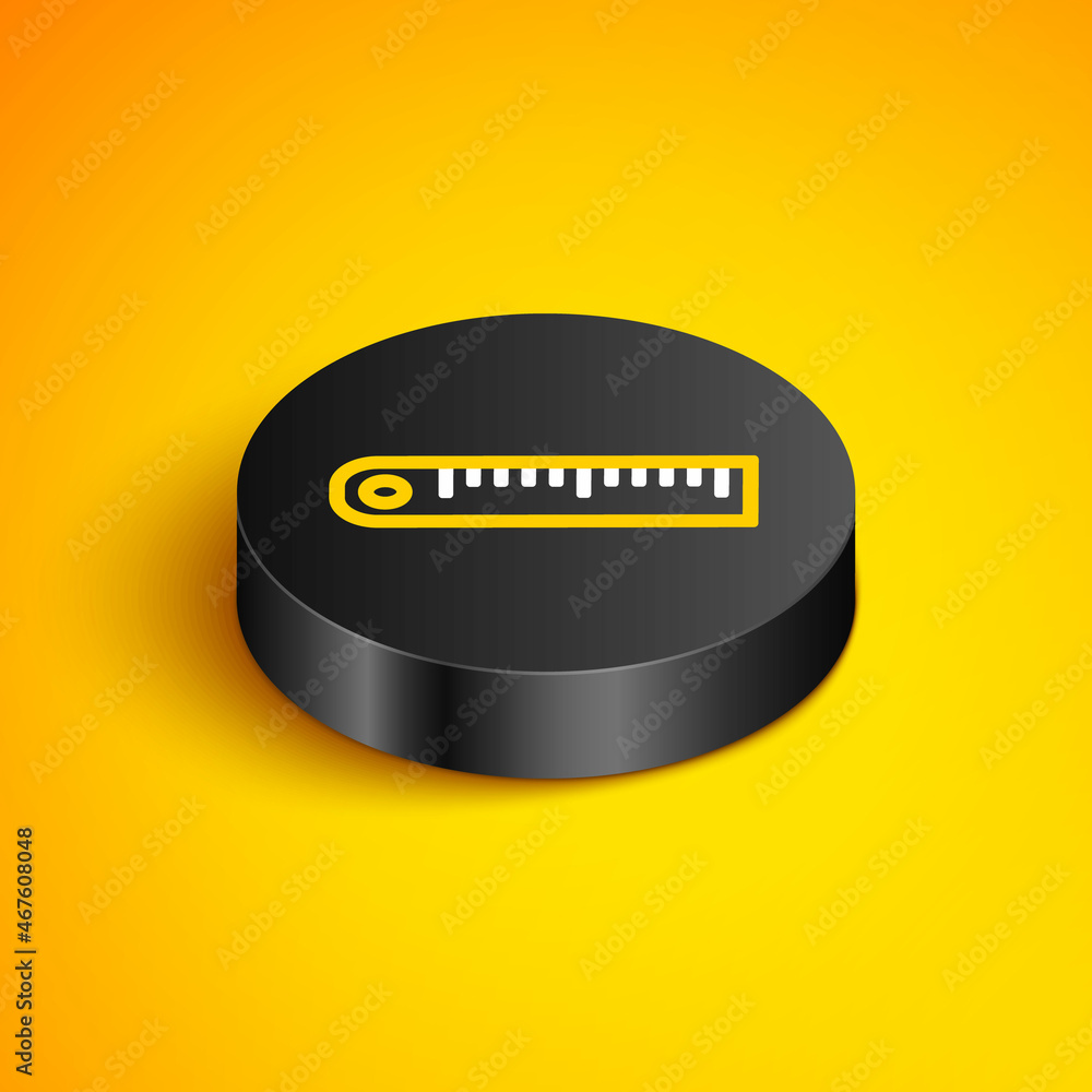 Poster isometric line ruler icon isolated on yellow background. straightedge symbol. black circle button. v