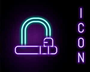 Glowing neon line Bicycle lock U shaped industrial icon isolated on black background. Colorful outline concept. Vector