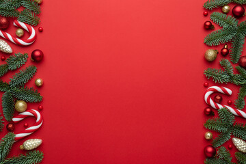 Red background with christmas decorations