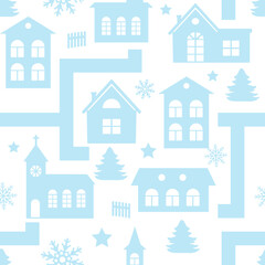 Fototapeta na wymiar Vector seamless winter landscape with houses and streets. Paper cut design