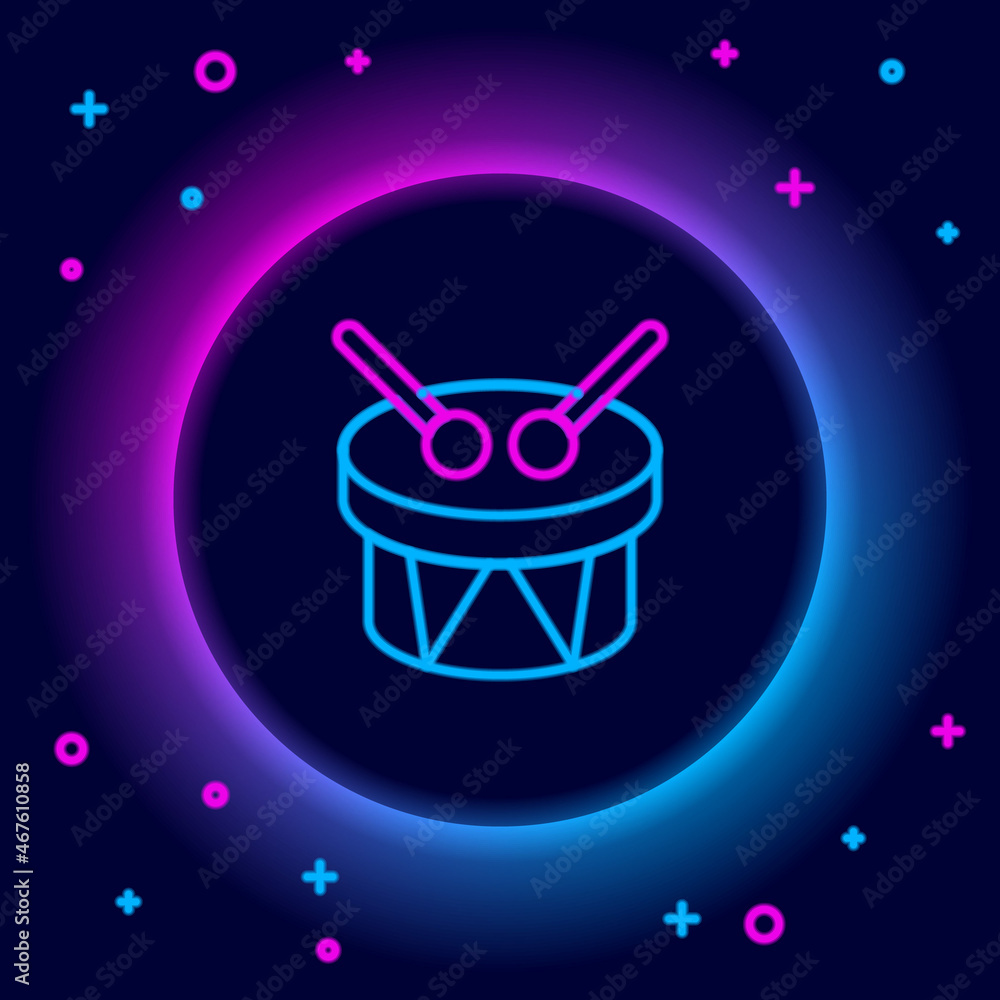 Sticker Glowing neon line Musical instrument drum and drum sticks icon isolated on black background. Colorful outline concept. Vector