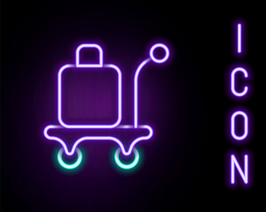 Glowing neon line Trolley suitcase icon isolated on black background. Traveling baggage sign. Travel luggage icon. Colorful outline concept. Vector