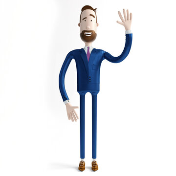 Handsome cartoon businessman waving hand, making hello gesture isolated on white background - 3D illustration