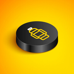 Isometric line Aqualung icon isolated on yellow background. Oxygen tank for diver. Diving equipment. Extreme sport. Diving underwater equipment. Black circle button. Vector