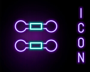 Glowing neon line Dumbbell icon isolated on black background. Muscle lifting, fitness barbell, sports equipment. Colorful outline concept. Vector